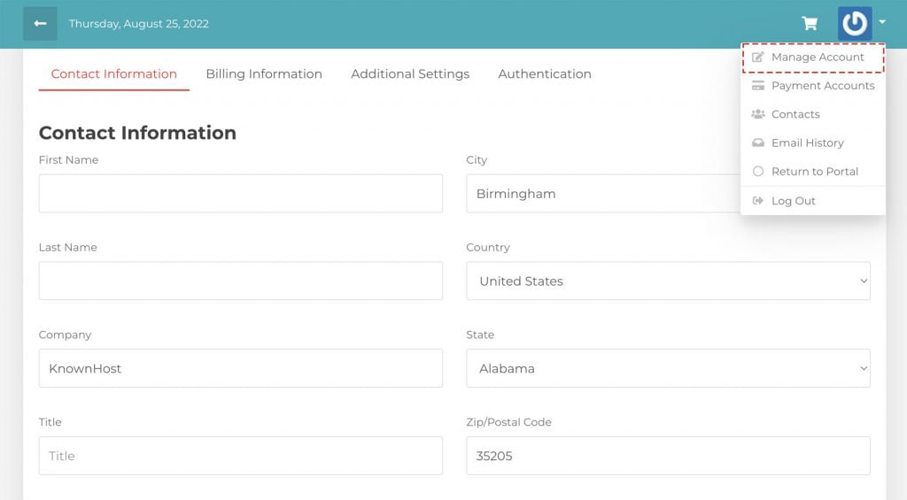 navigate to manage account knownhost billing portal